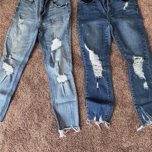Blue Skinny Distressed Jeans with Frayed Hem